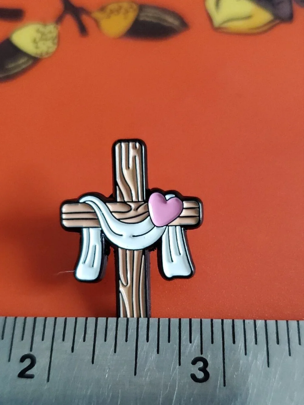 Cross Enamel Pin with Drape and Heart - Brown, White, Pink